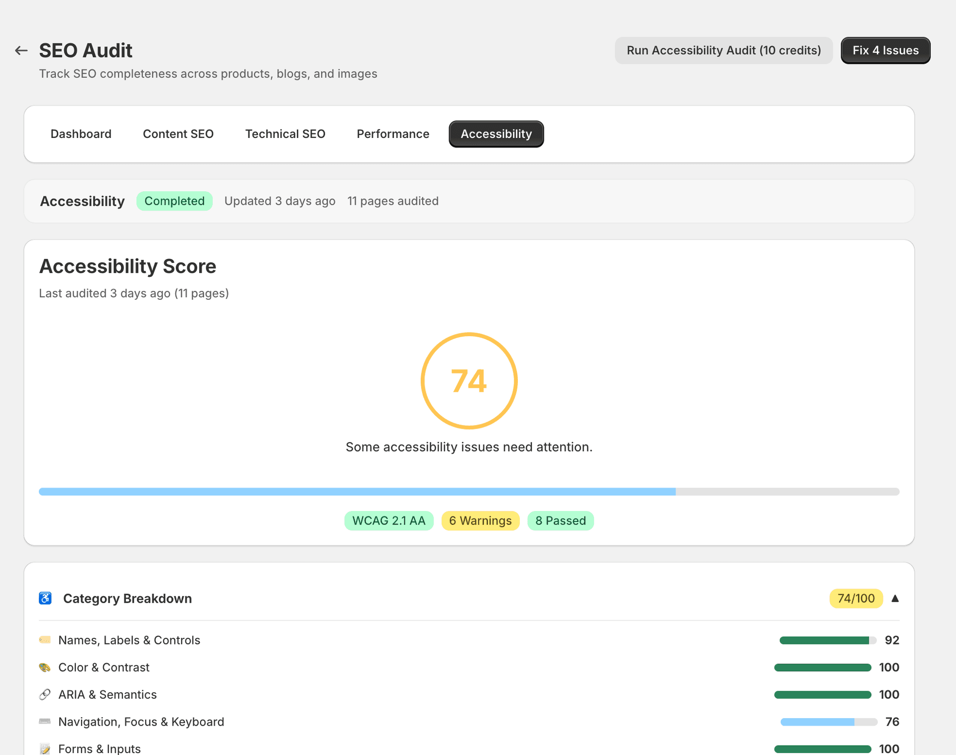 Accessibility Audit results showing alt text coverage, heading hierarchy, and contrast issues