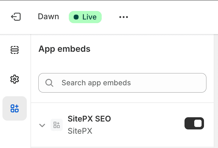 Shopify theme editor showing the SitePx app embed enabled in the App embeds section