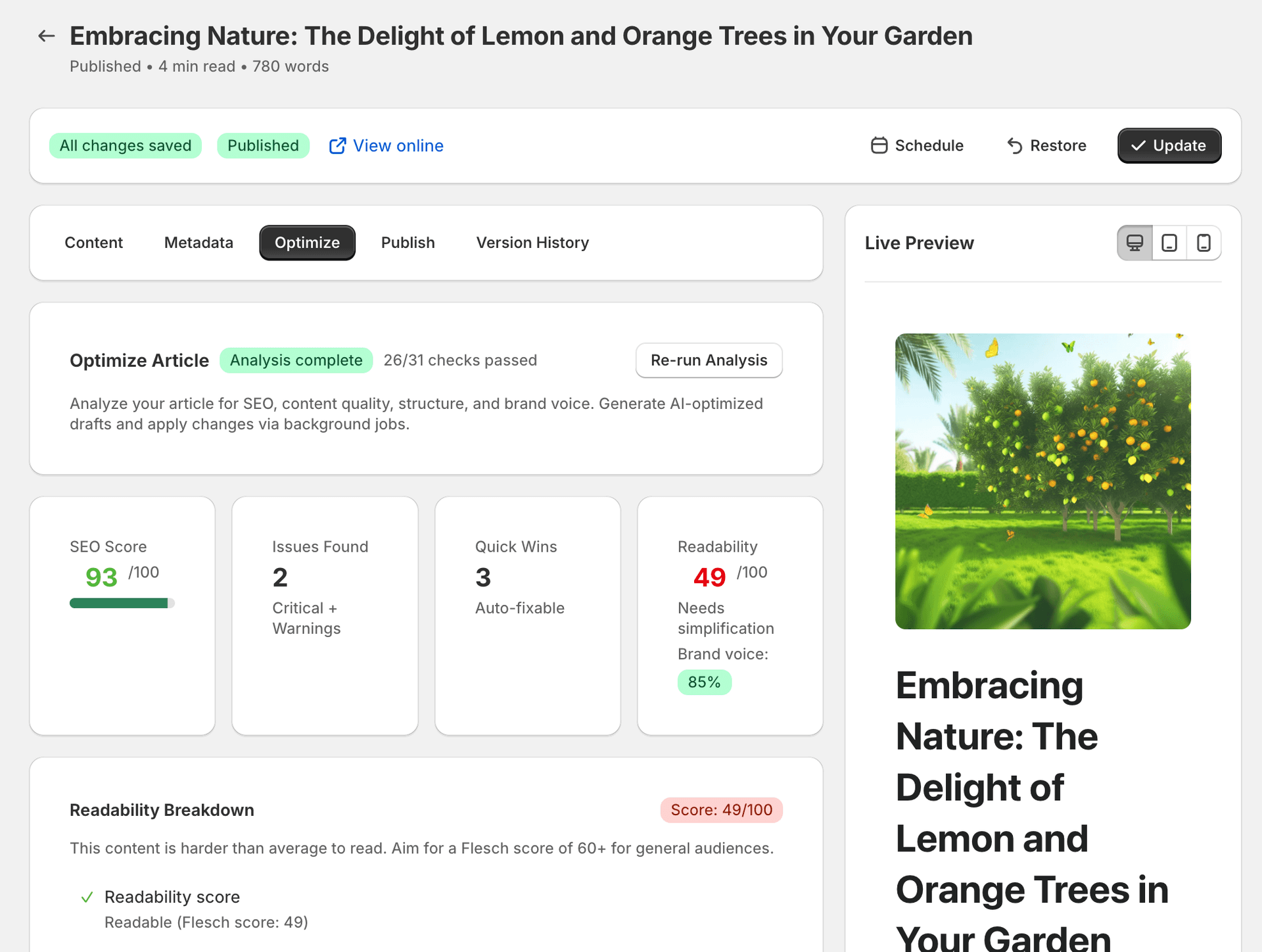 Blog optimise page showing SEO score breakdown, readability analysis, and detailed optimisation checklist