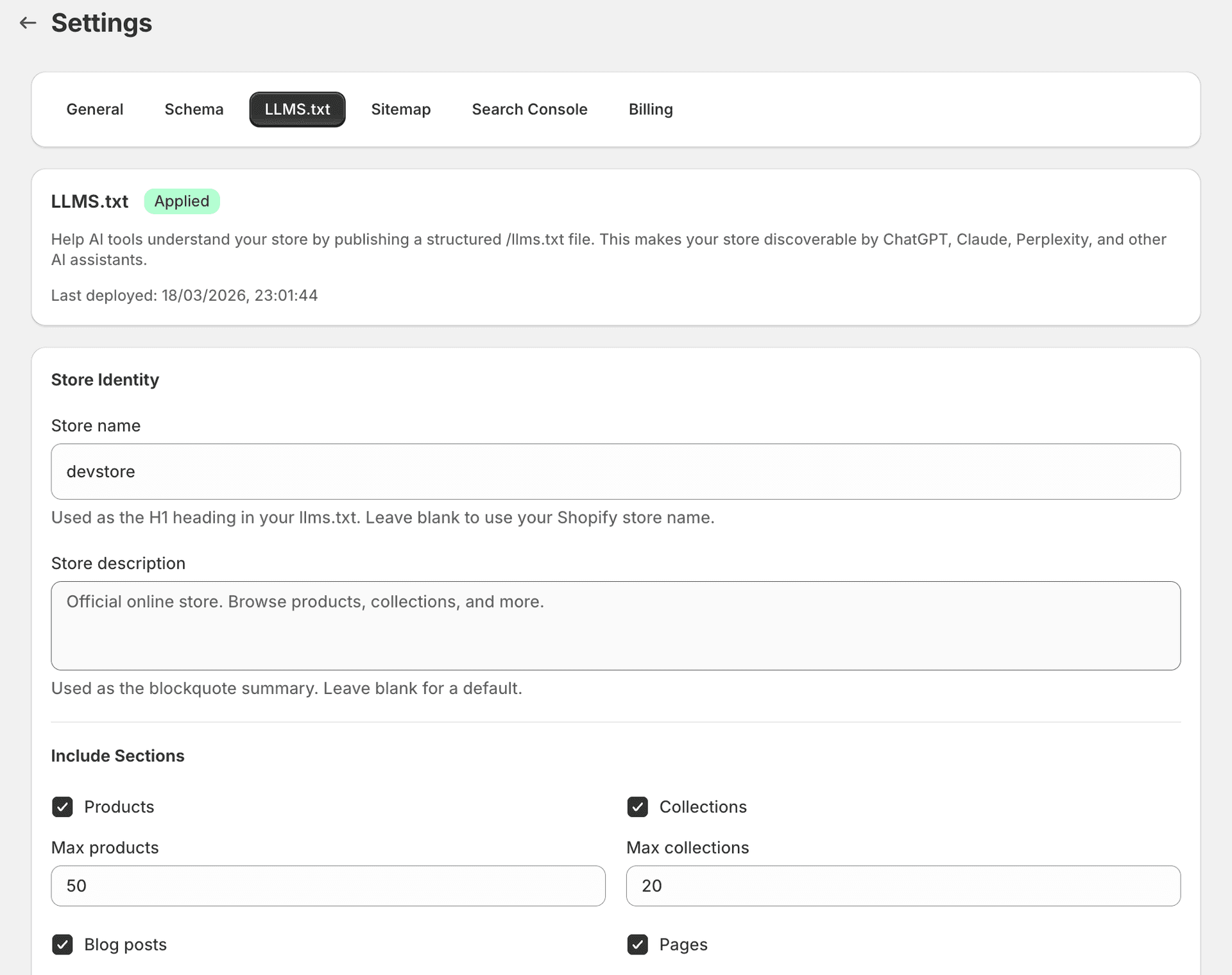 llms.txt configuration page showing auto-generated content and customisation options