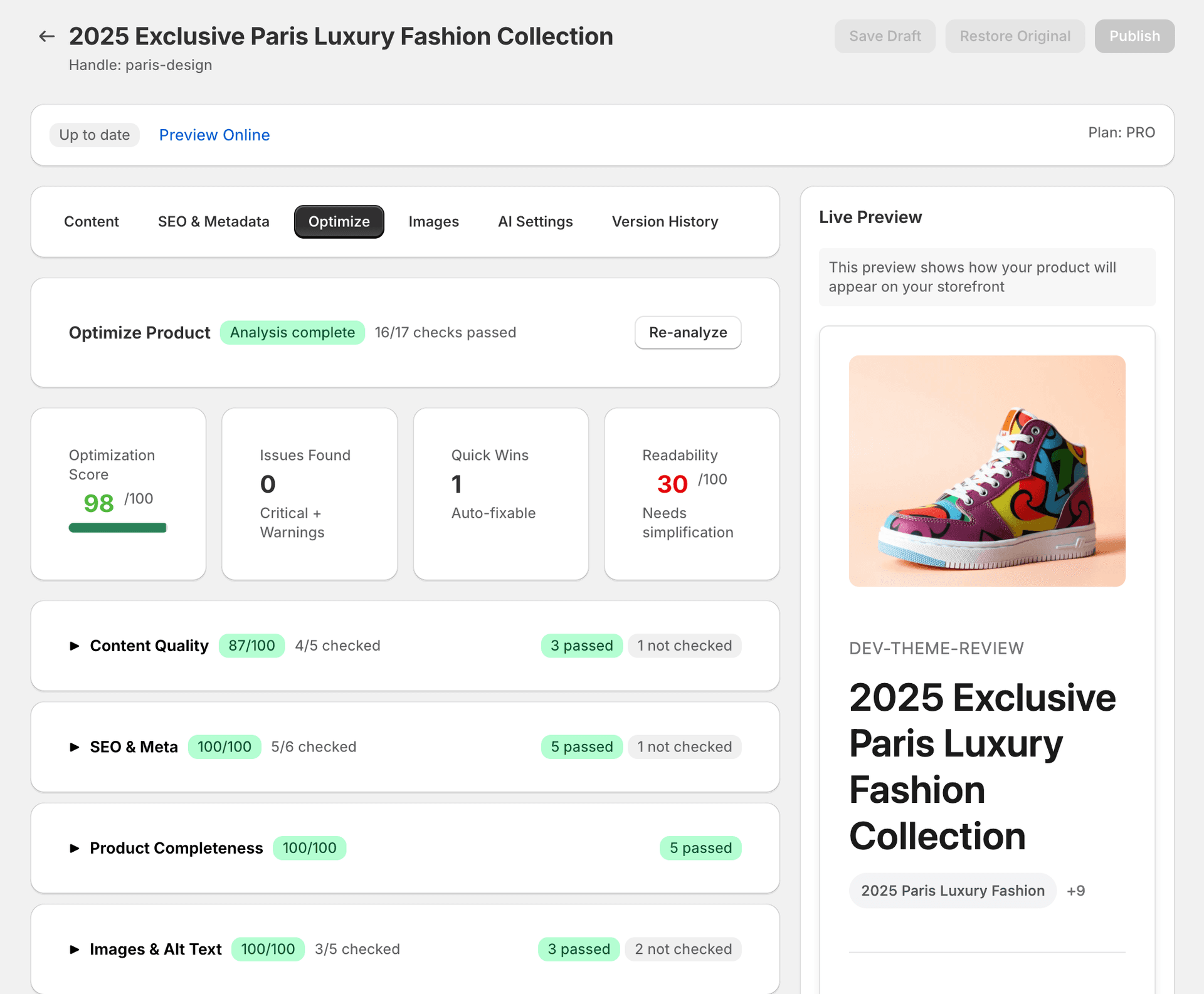 Product listing with SEO scores showing optimisation status for each product