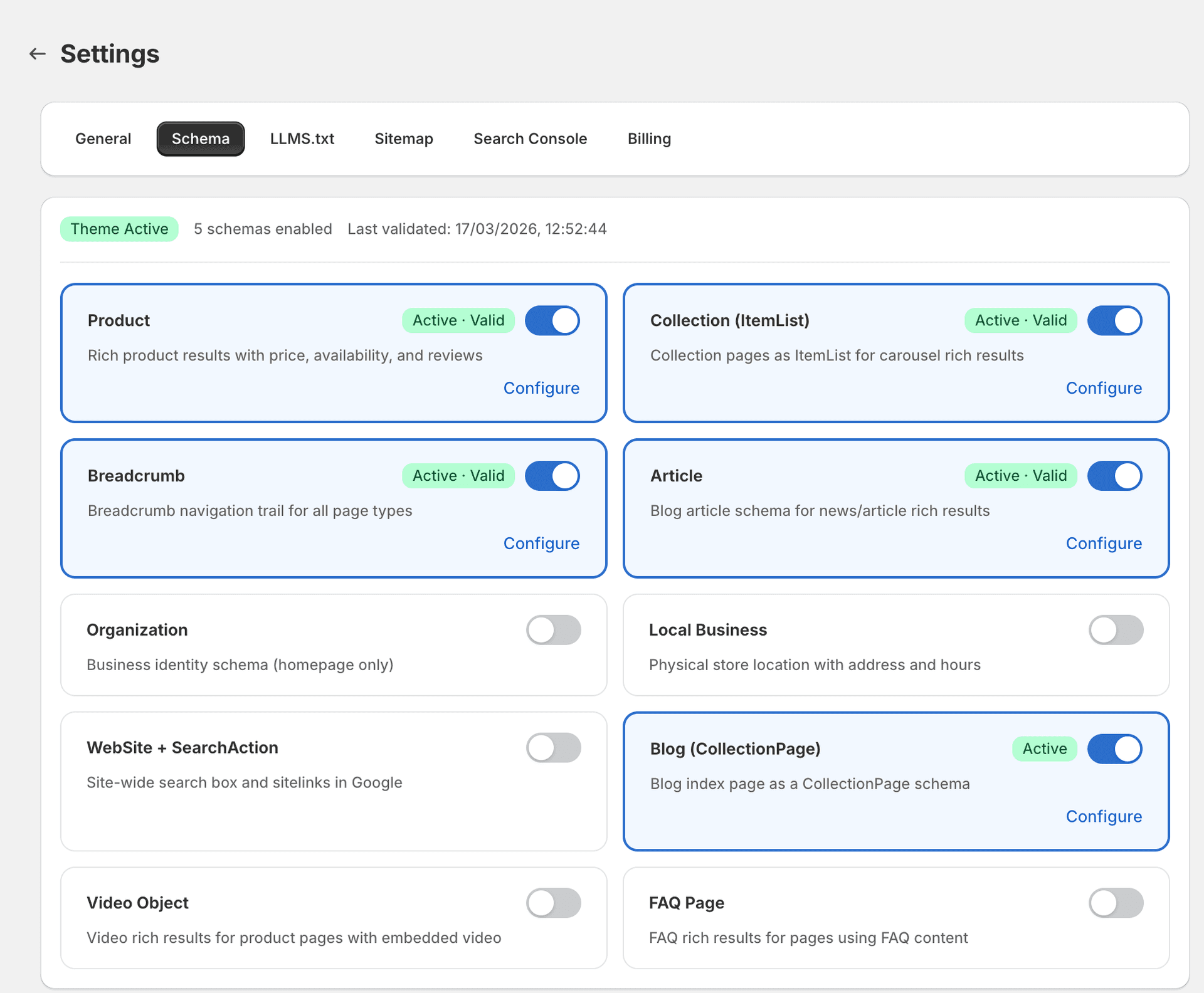 Schema configuration overview showing enabled schema types with validation status and duplicate detection