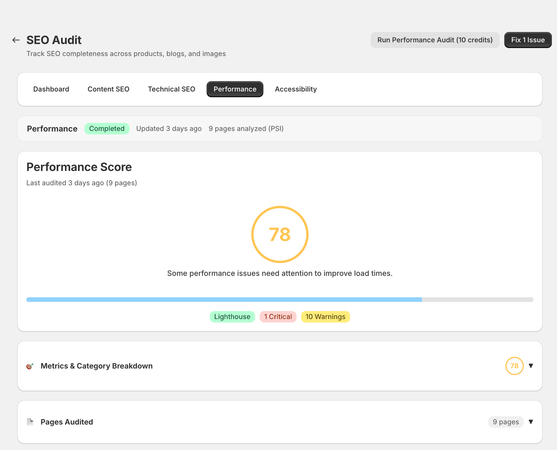 Performance Audit results showing Core Web Vitals, page speed, and image optimisation issues