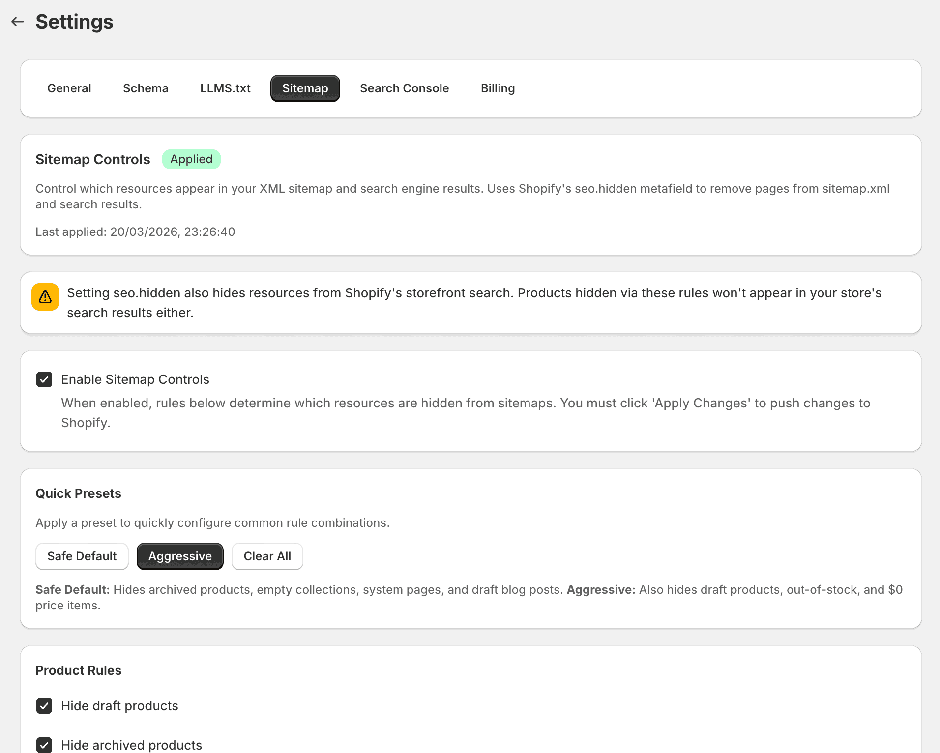 Sitemap Controls page showing product, collection, page, and blog post rules with quick presets